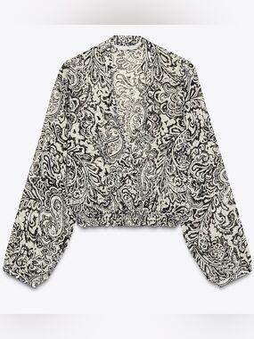 Zara Swiss Dot Black & White Paisley V-Neck